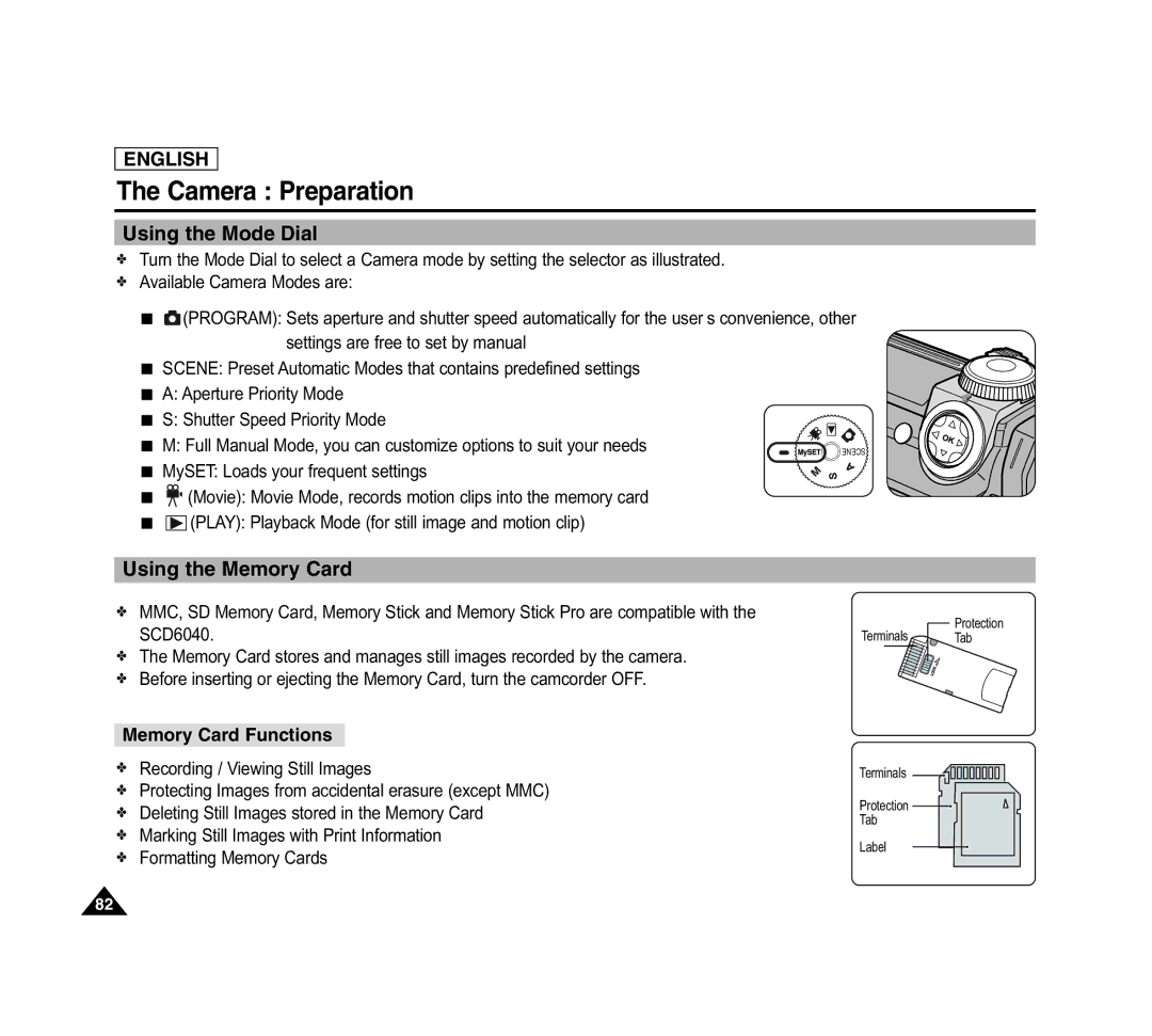 Samsung SCD6040 manual Camera Preparation, Using the Mode Dial, Using the Memory Card, Memory Card Functions 