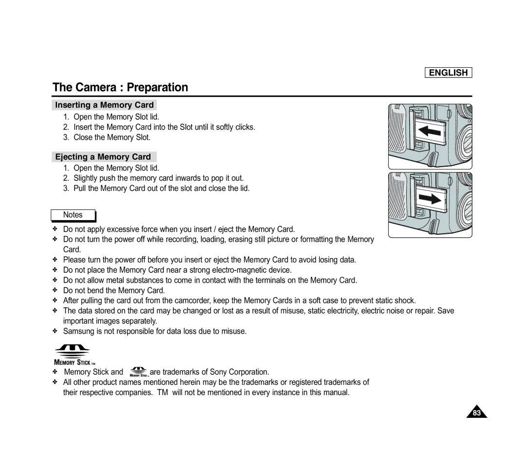 Samsung SCD6040 manual Inserting a Memory Card, Ejecting a Memory Card 