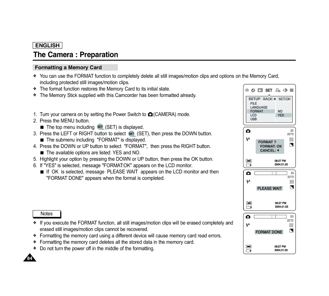 Samsung SCD6040 manual Formatting a Memory Card 