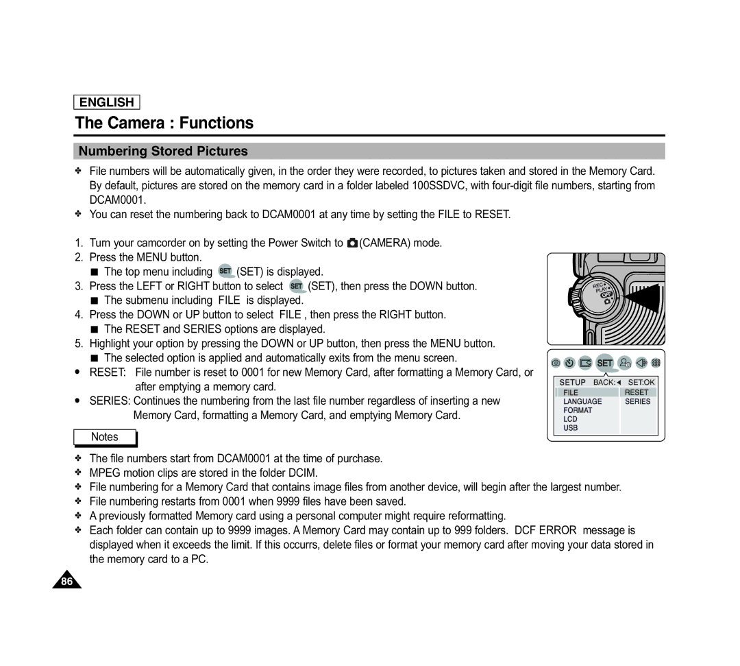 Samsung SCD6040 manual Camera Functions, Numbering Stored Pictures 