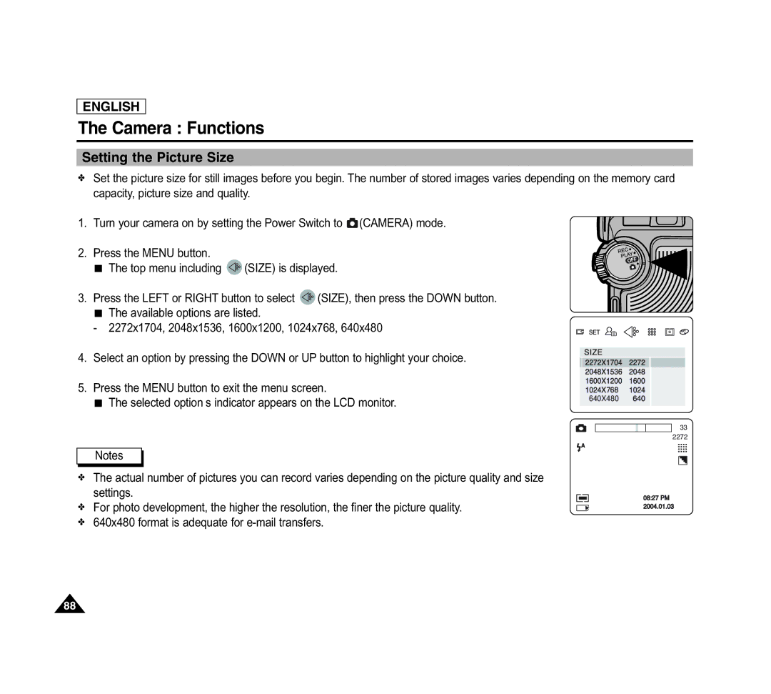 Samsung SCD6040 manual Setting the Picture Size 