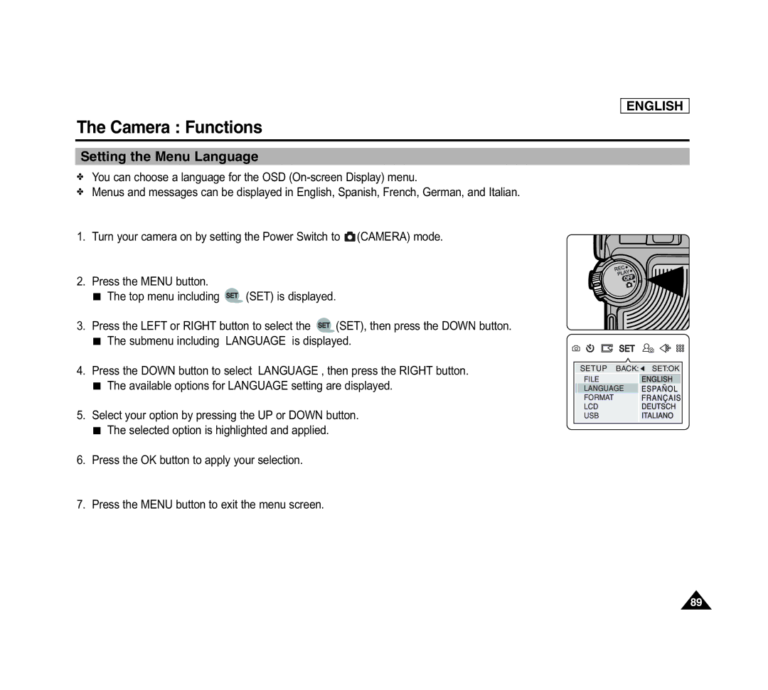 Samsung SCD6040 manual Setting the Menu Language 