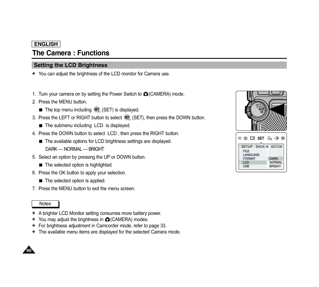 Samsung SCD6040 manual Setting the LCD Brightness, Dark Normal Bright 