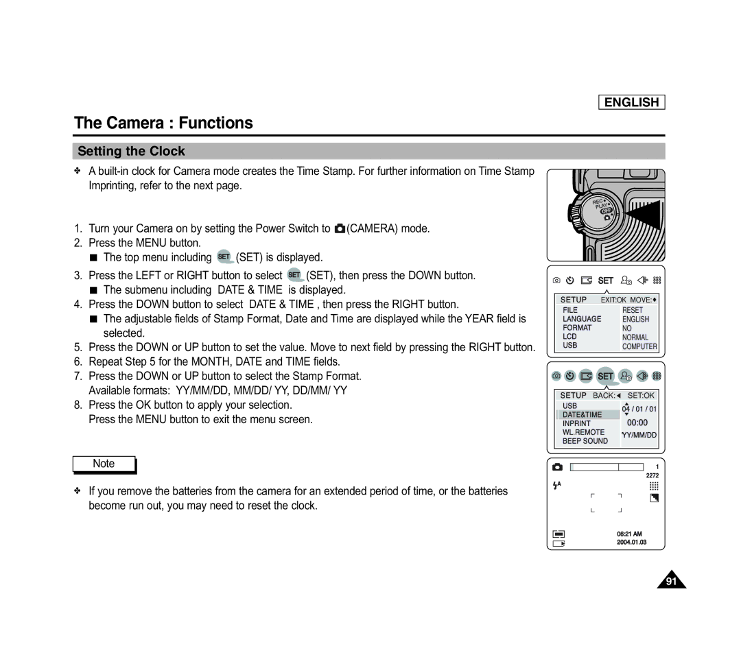 Samsung SCD6040 manual Setting the Clock, Repeat for the MONTH, Date and Time fields 