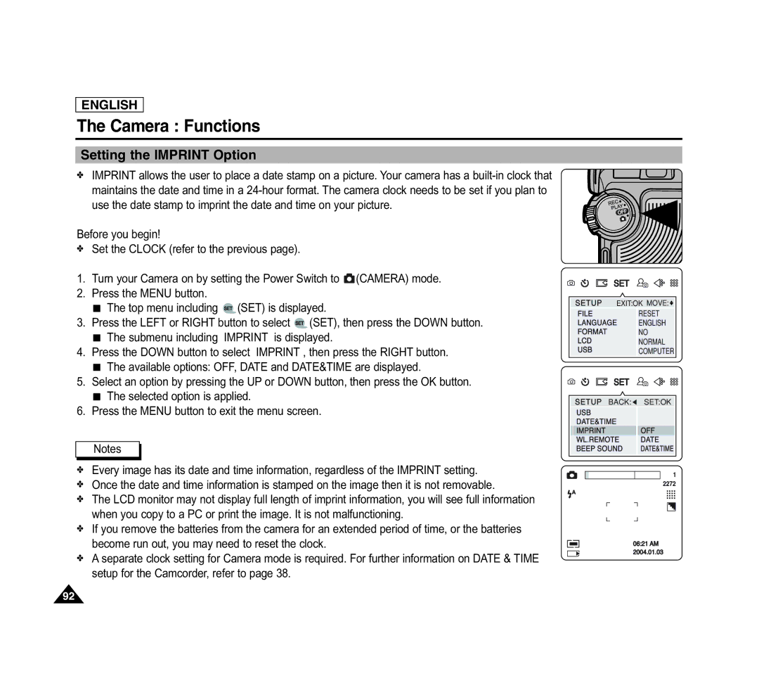 Samsung SCD6040 manual Setting the Imprint Option 