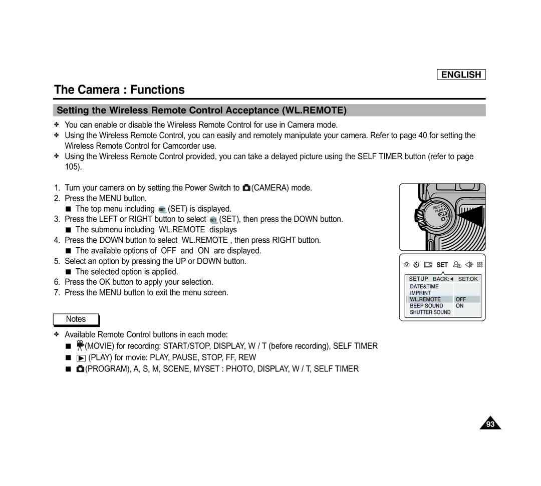 Samsung SCD6040 manual Setting the Wireless Remote Control Acceptance WL.REMOTE 