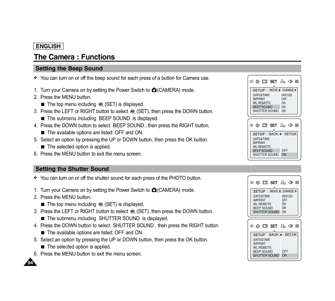 Samsung SCD6040 manual Setting the Beep Sound, Setting the Shutter Sound 