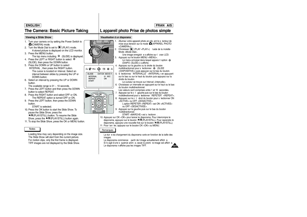 Samsung SCD6050/D6040 manual 101, Viewing a Slide Show, Visualisation d’un diaporama 