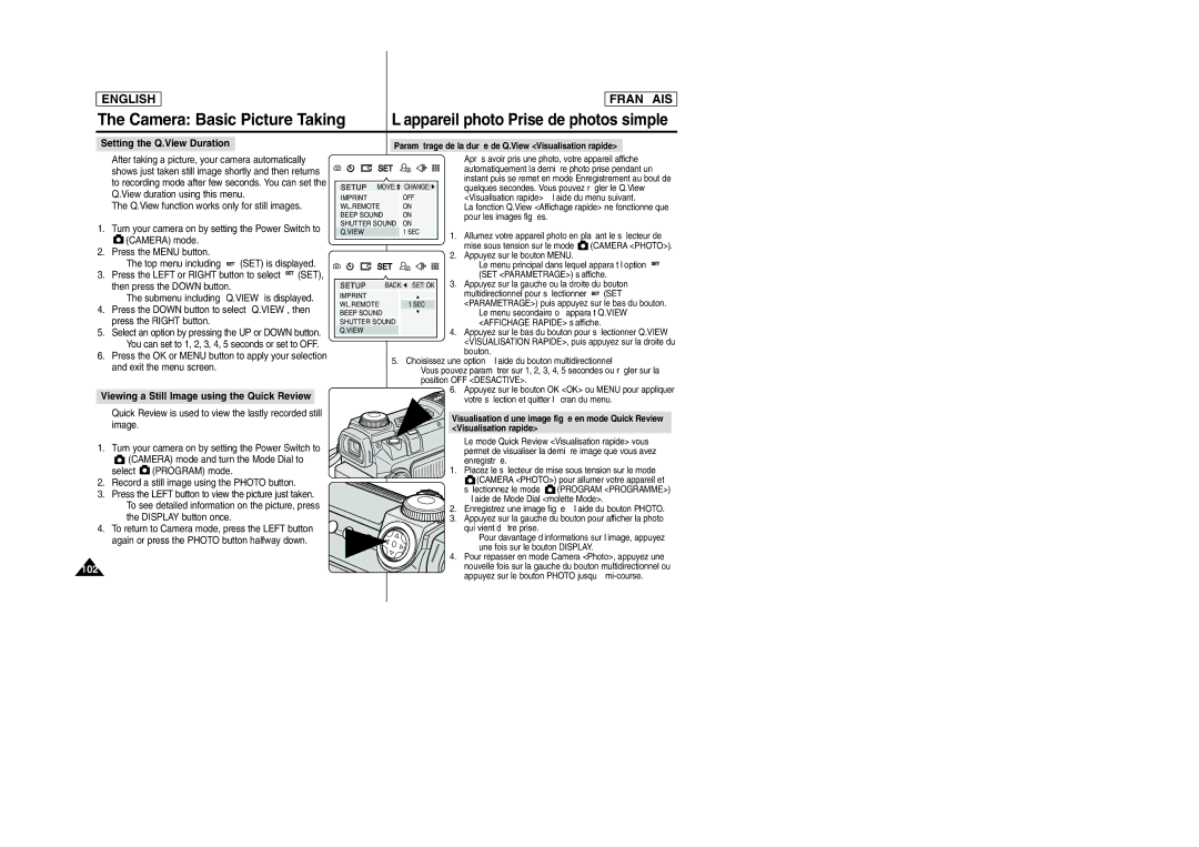 Samsung SCD6050/D6040 manual 102, Setting the Q.View Duration, Viewing a Still Image using the Quick Review 