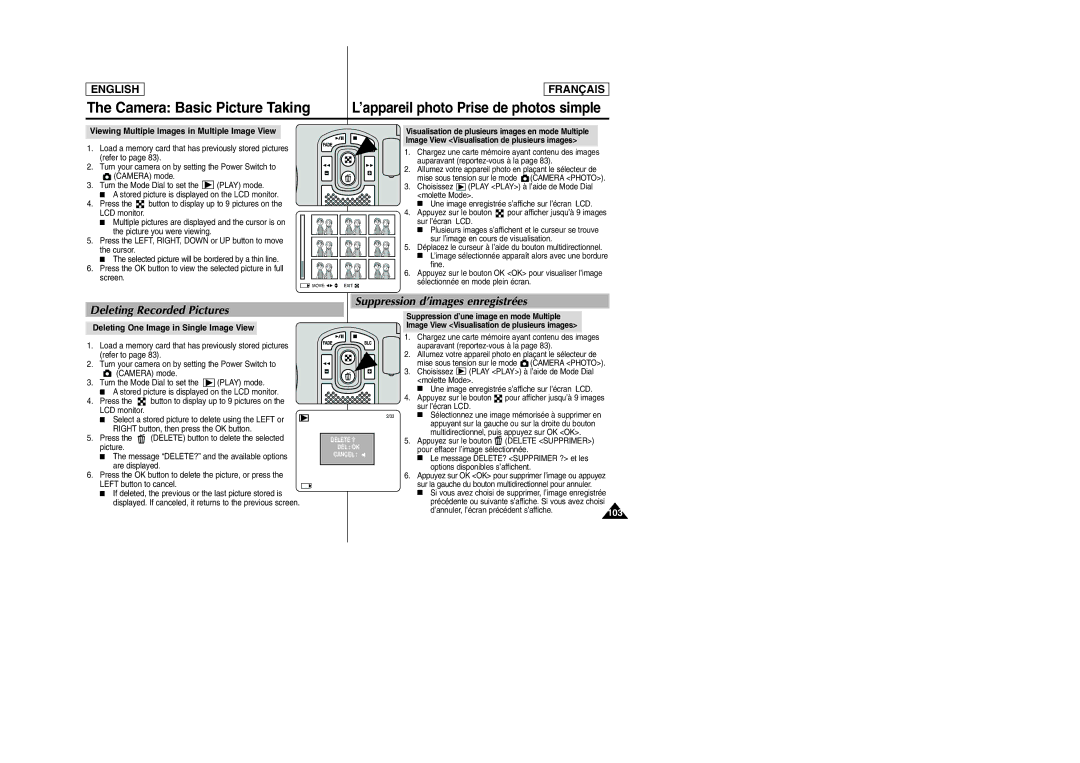 Samsung SCD6050/D6040 manual Deleting Recorded Pictures, Suppression d’images enregistrées, 103 