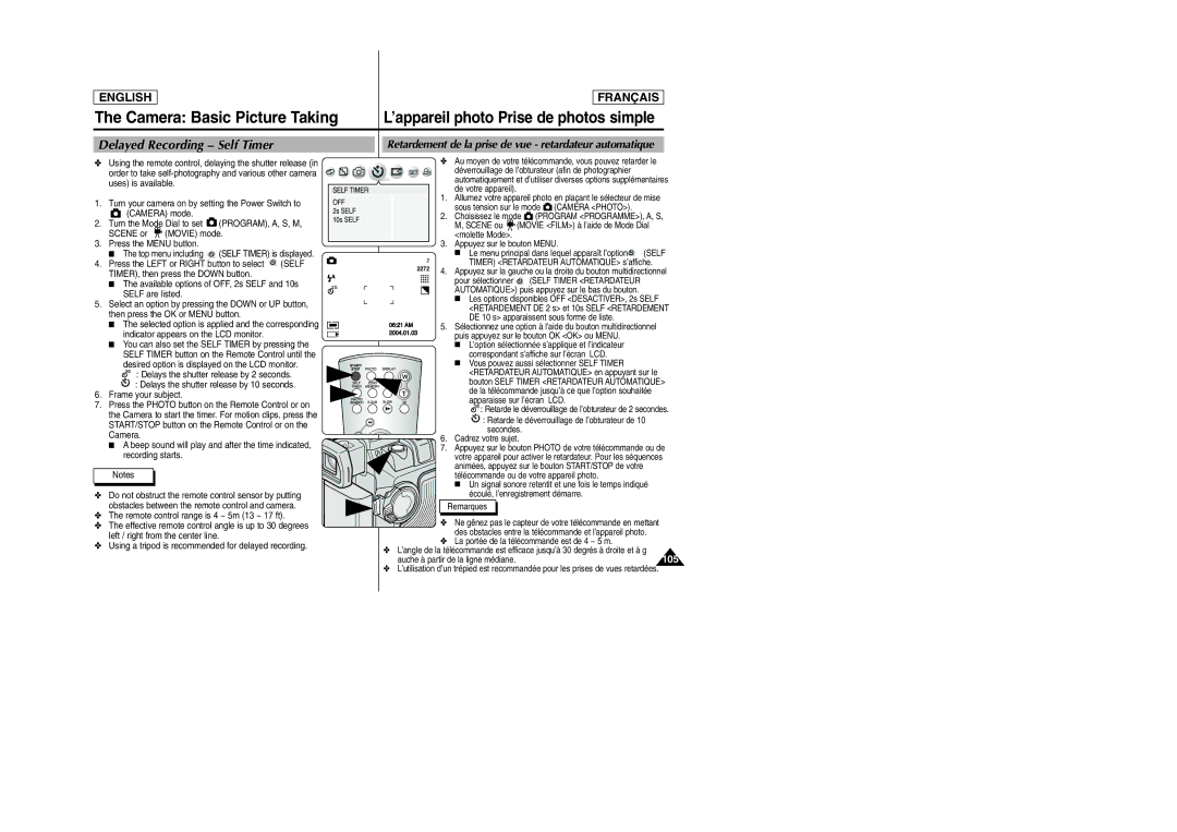 Samsung SCD6050/D6040 manual Delayed Recording Self Timer, Retardement de la prise de vue retardateur automatique, 105 