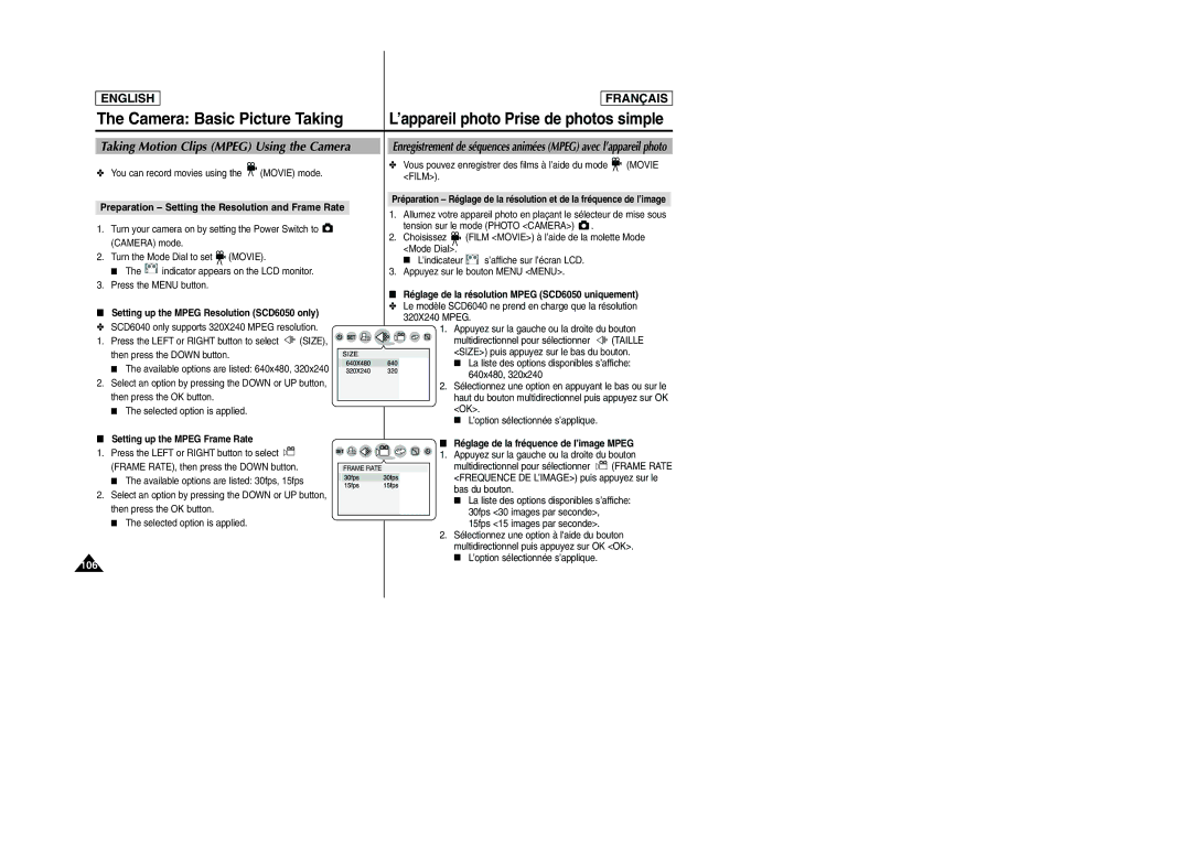 Samsung SCD6050/D6040 manual Taking Motion Clips Mpeg Using the Camera, 106 