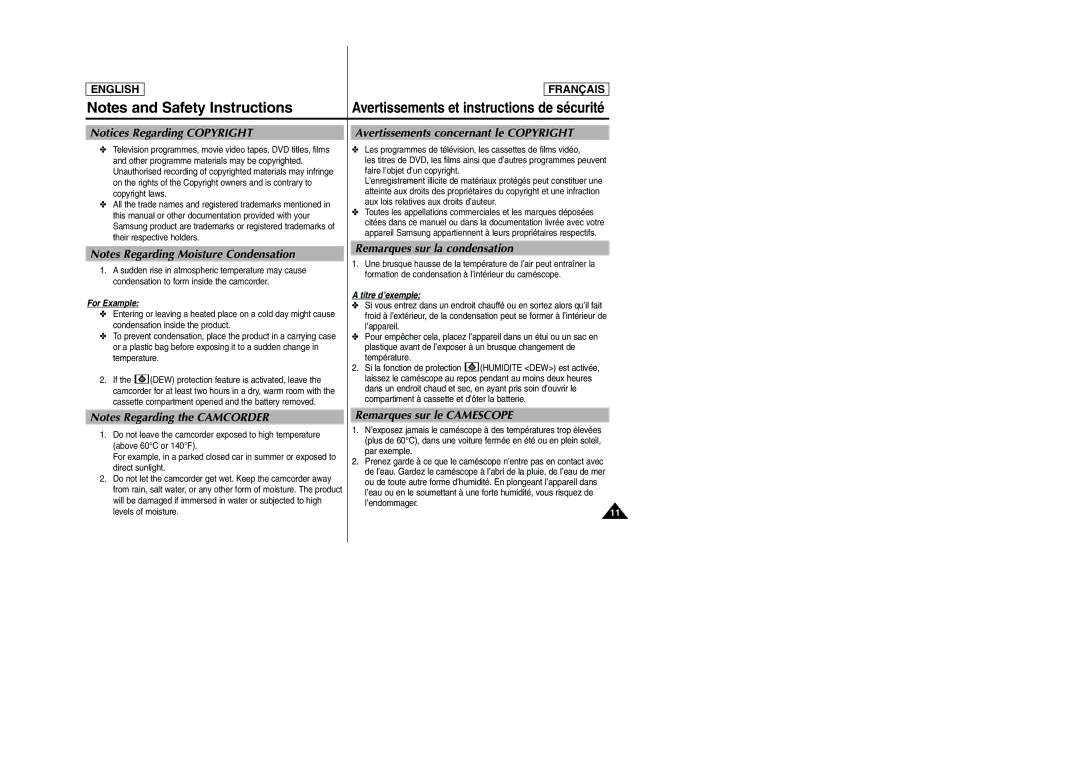 Samsung SCD6050/D6040 Avertissements concernant le Copyright, Remarques sur la condensation, Remarques sur le Camescope 