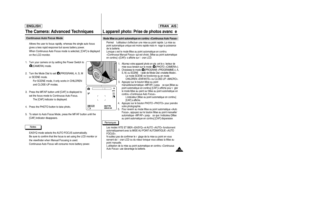 Samsung SCD6050/D6040 manual 113, Continuous Auto Focus Mode 