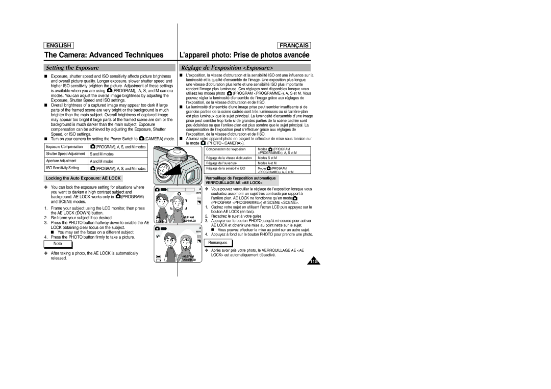 Samsung SCD6050/D6040 manual Setting the Exposure, Réglage de l’exposition Exposure, 115, Locking the Auto Exposure AE Lock 