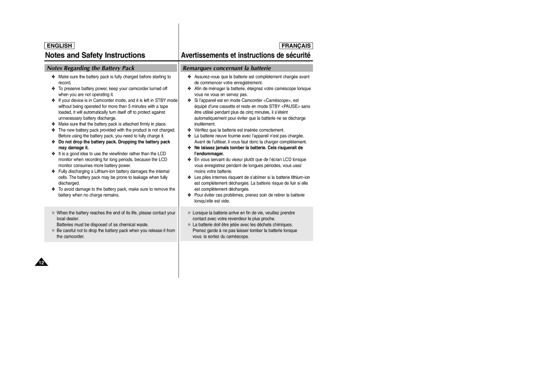 Samsung SCD6050/D6040 manual Remarques concernant la batterie 