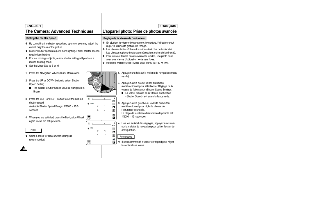 Samsung SCD6050/D6040 manual 120, Vitesse de l’obturateur Shutter Speed Setting 