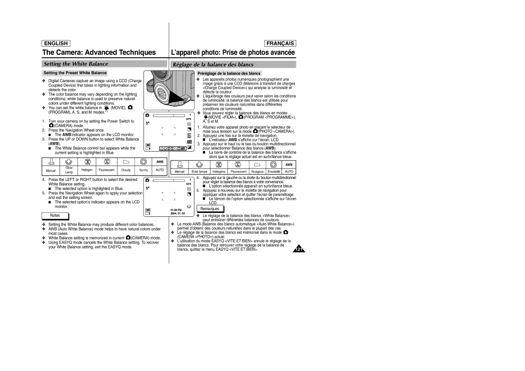 Samsung SCD6050/D6040 Setting the White Balance Réglage de la balance des blancs, 121, Setting the Preset White Balance 