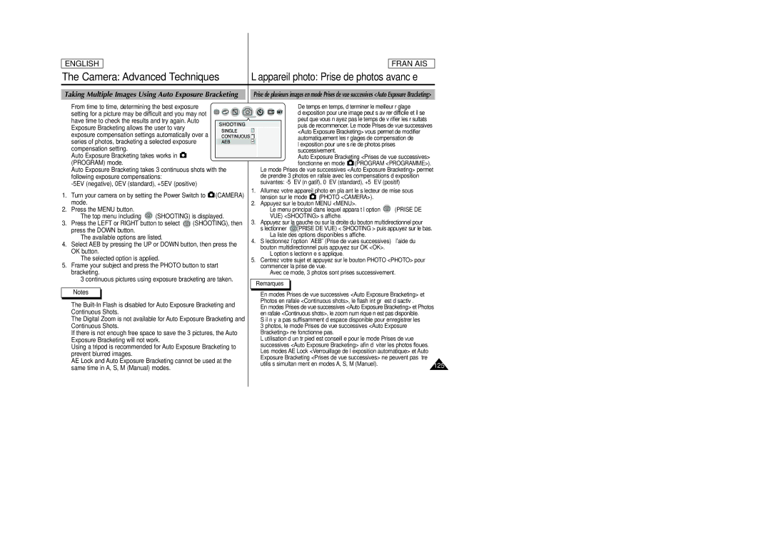 Samsung SCD6050/D6040 manual 125, Taking Multiple Images Using Auto Exposure Bracketing 