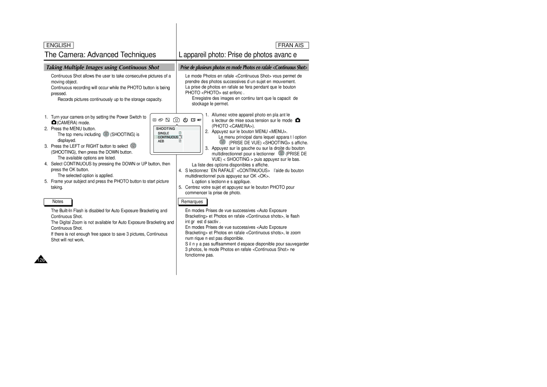 Samsung SCD6050/D6040 Taking Multiple Images using Continuous Shot, 126, Appuyez sur la gauche ou sur la droite du bouton 