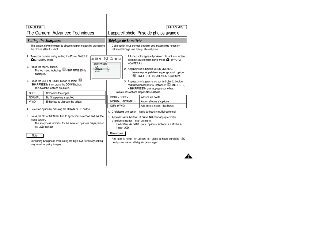 Samsung SCD6050/D6040 manual Setting the Sharpness, Réglage de la netteté, 127 