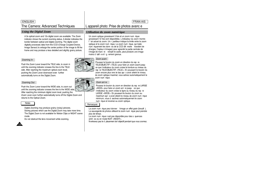 Samsung SCD6050/D6040 manual Using the Digital Zoom Utilisation du zoom numérique, 128 