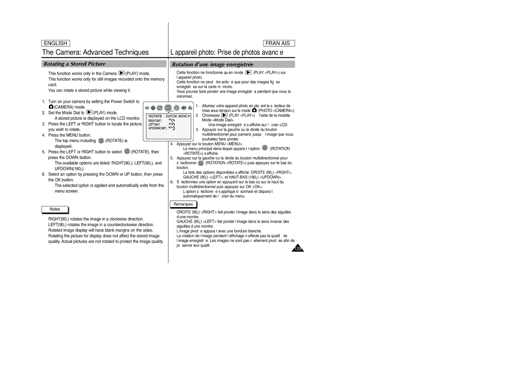 Samsung SCD6050/D6040 manual Rotating a Stored Picture, Rotation d’une image enregistrée, 129 