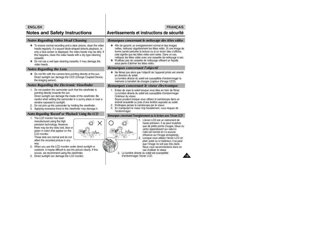 Samsung SCD6050/D6040 manual Remarques concernant le nettoyage des têtes vidéo, Remarques concernant l’objectif 