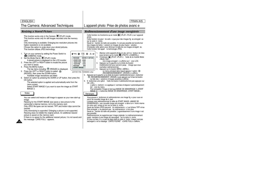 Samsung SCD6050/D6040 manual Resizing a Stored Picture, Redimensionnement d’une image enregistrée, 130 