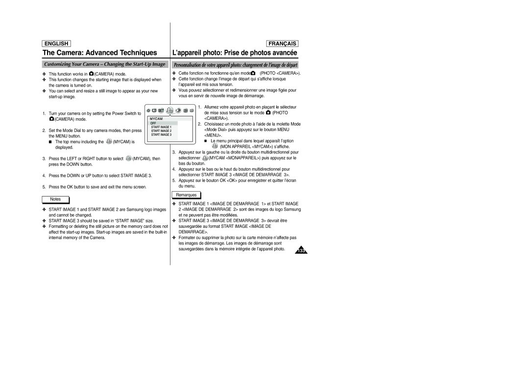 Samsung SCD6050/D6040 manual 133, Customizing Your Camera Changing the Start-Up Image 