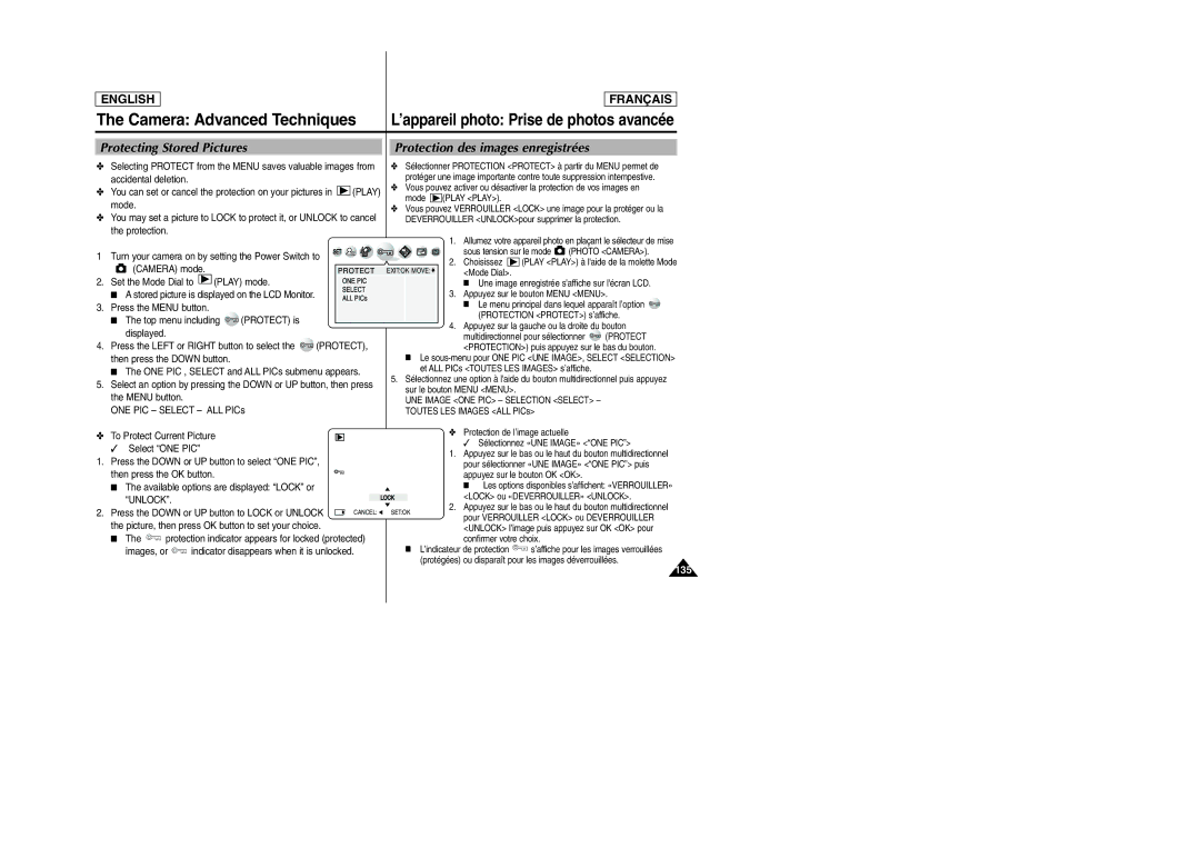 Samsung SCD6050/D6040 manual Protecting Stored Pictures, Protection des images enregistrées, 135, Unlock 