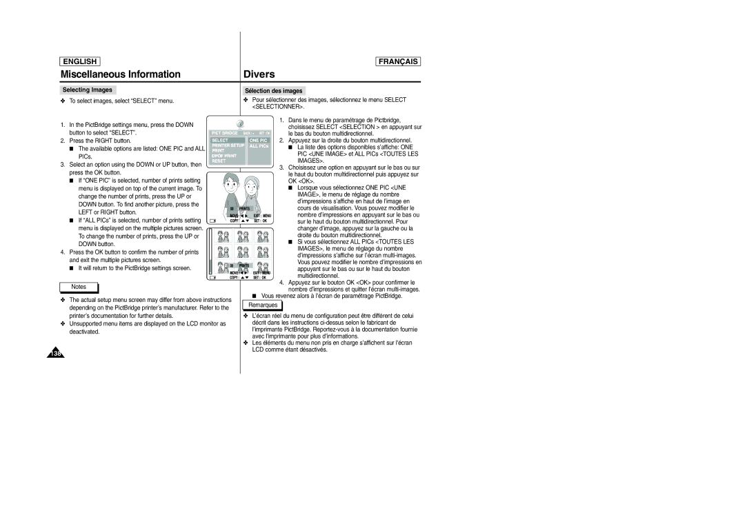 Samsung SCD6050/D6040 manual Miscellaneous Information Divers, 138, Selecting Images, Sélection des images 