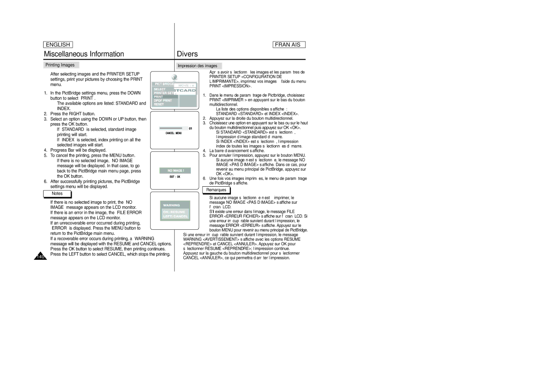 Samsung SCD6050/D6040 manual 140, Printing Images, Index, Impression des images 