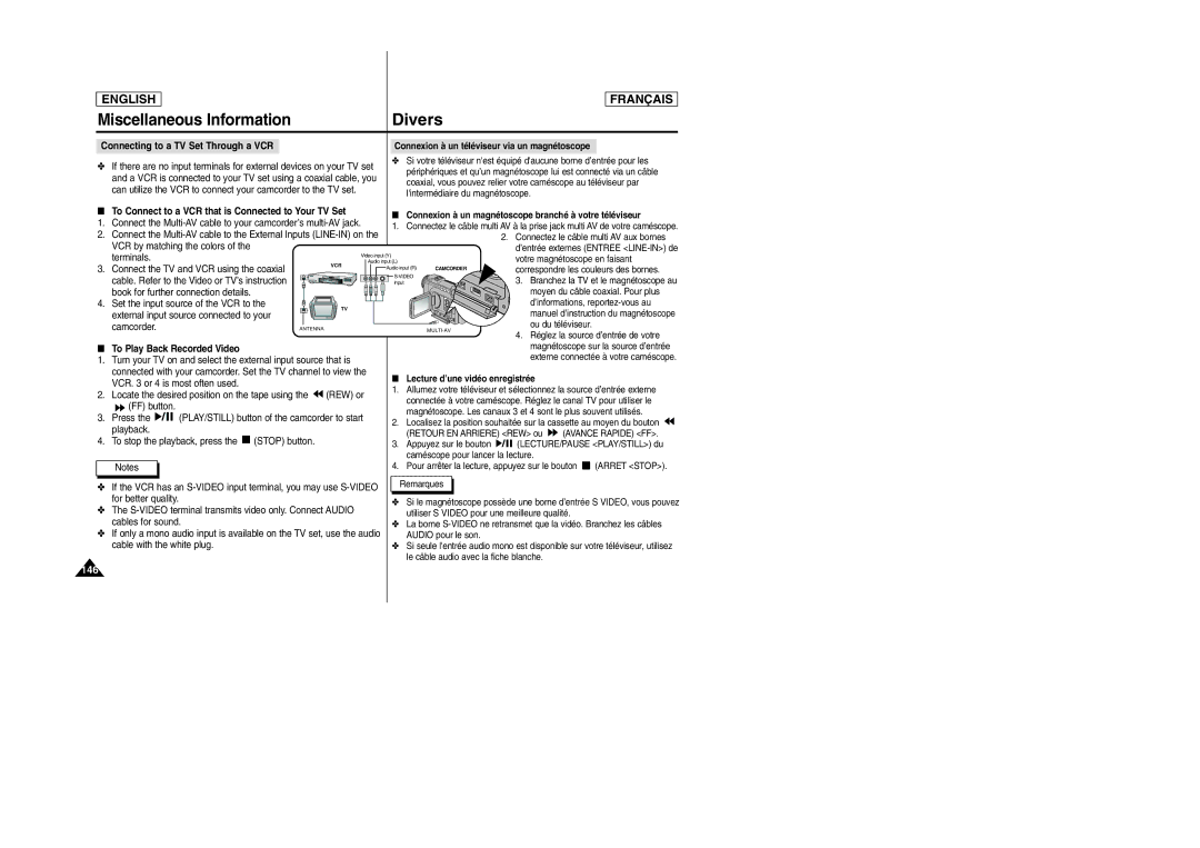 Samsung SCD6050/D6040 146, Connecting to a TV Set Through a VCR, To Connect to a VCR that is Connected to Your TV Set 