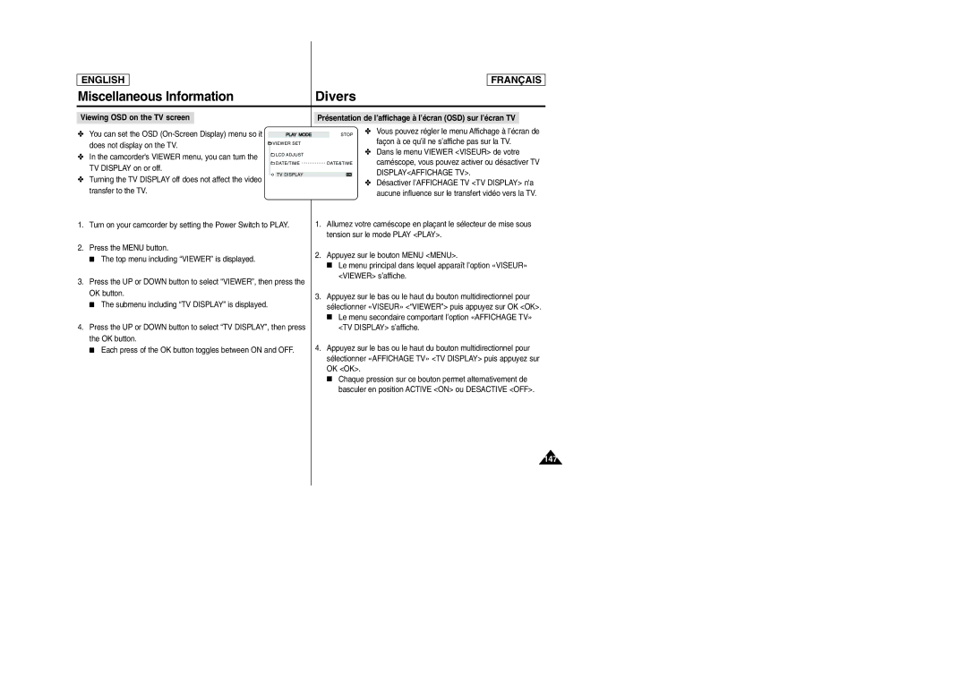 Samsung SCD6050/D6040 manual 147, Submenu including TV Display is displayed 