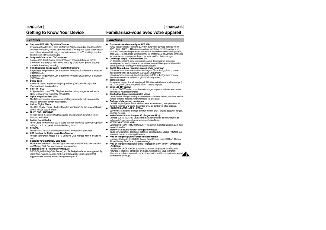 Samsung SCD6050/D6040 manual Getting to Know Your Device, Features, Fonctions 