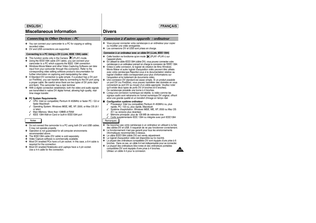 Samsung SCD6050/D6040 manual Connecting to Other Devices PC, Connexion à d’autres appareils ordinateur, 151 