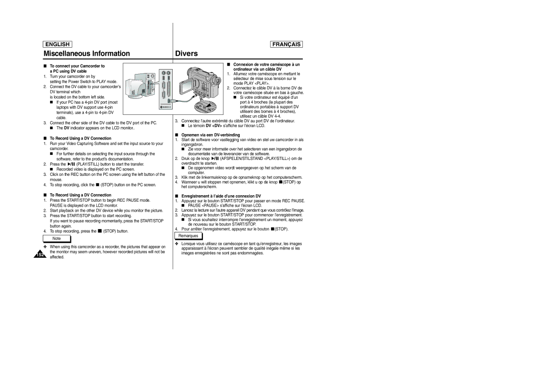 Samsung SCD6050/D6040 manual To connect your Camcorder to a PC using DV cable, To Record Using a DV Connection 