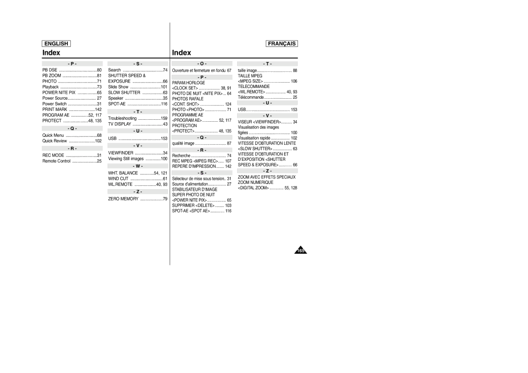 Samsung SCD6050/D6040 manual 165, PB Zoom Shutter Speed, Print Mark, Program AE, Viewfinder 