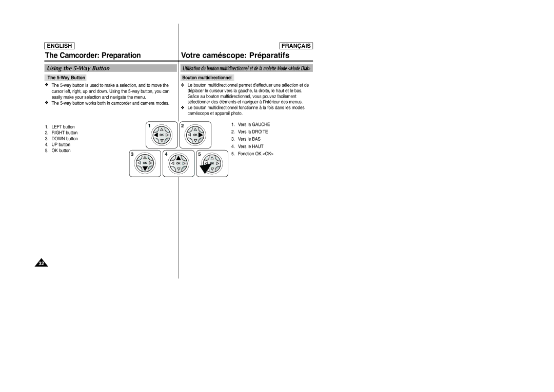 Samsung SCD6050/D6040 manual Using the 5-Way Button, Bouton multidirectionnel 