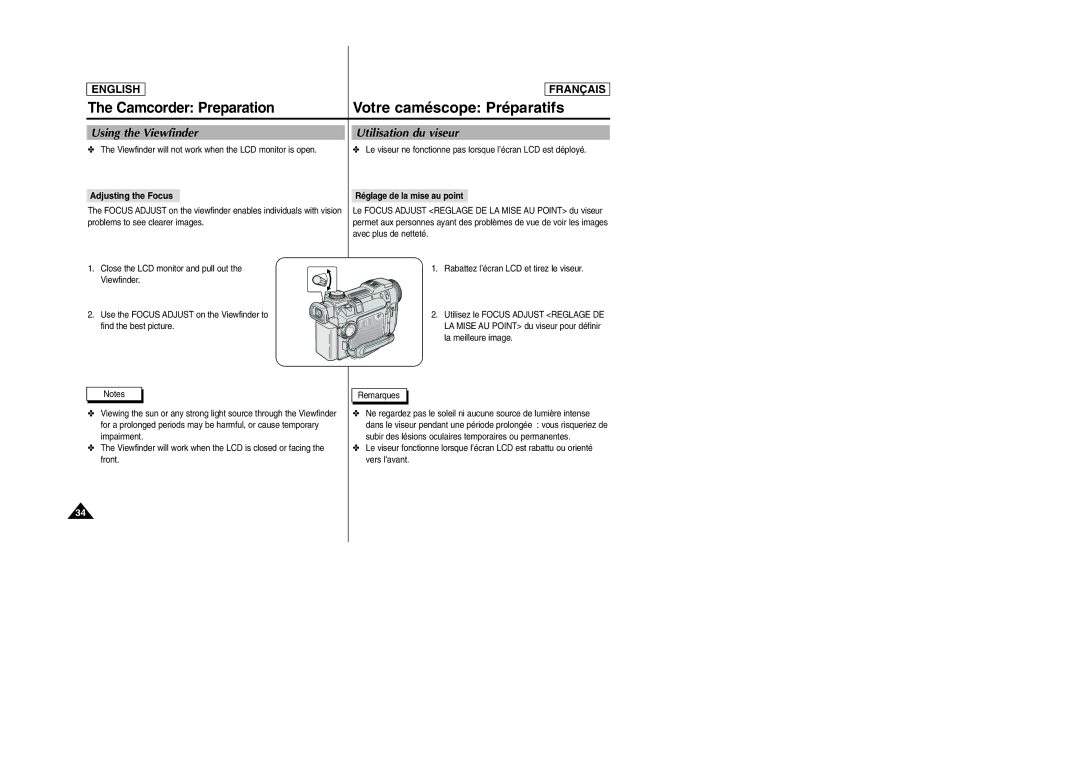 Samsung SCD6050/D6040 manual Using the Viewfinder, Utilisation du viseur, Adjusting the Focus, Réglage de la mise au point 