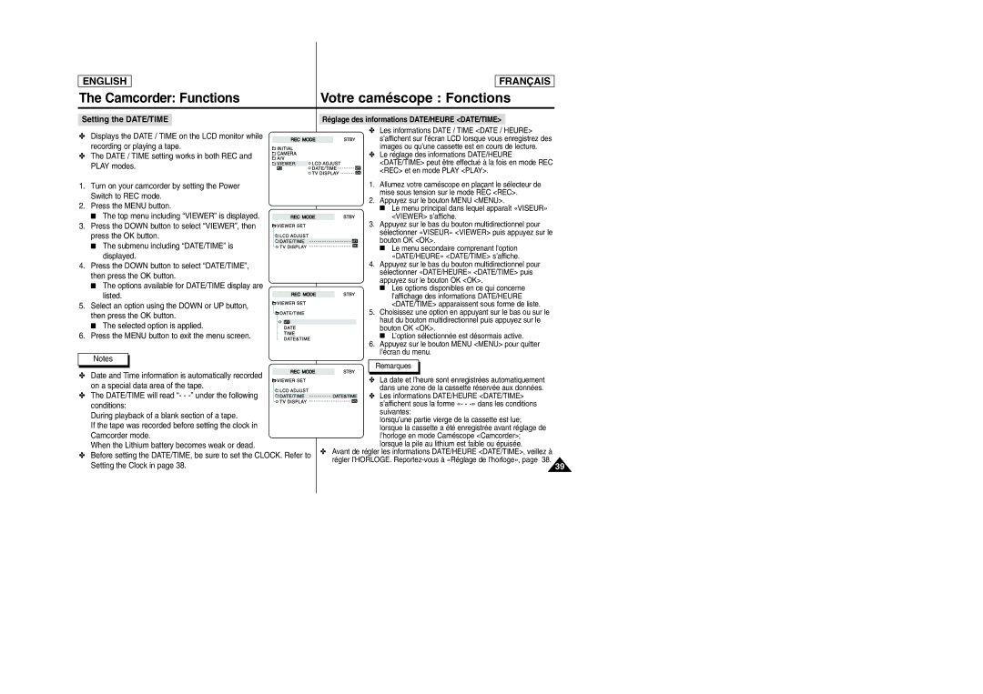 Samsung SCD6050/D6040 manual Setting the DATE/TIME, Réglage des informations DATE/HEURE DATE/TIME 