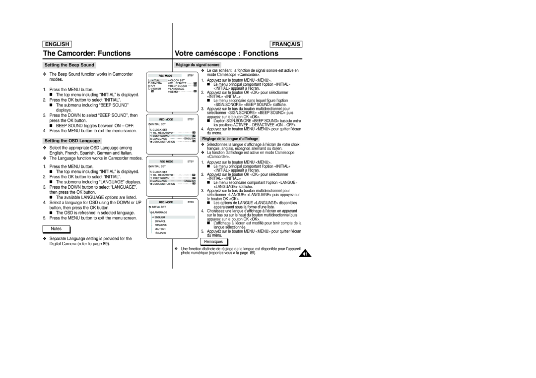 Samsung SCD6050/D6040 manual Setting the Beep Sound, Setting the OSD Language, Réglage du signal sonore 