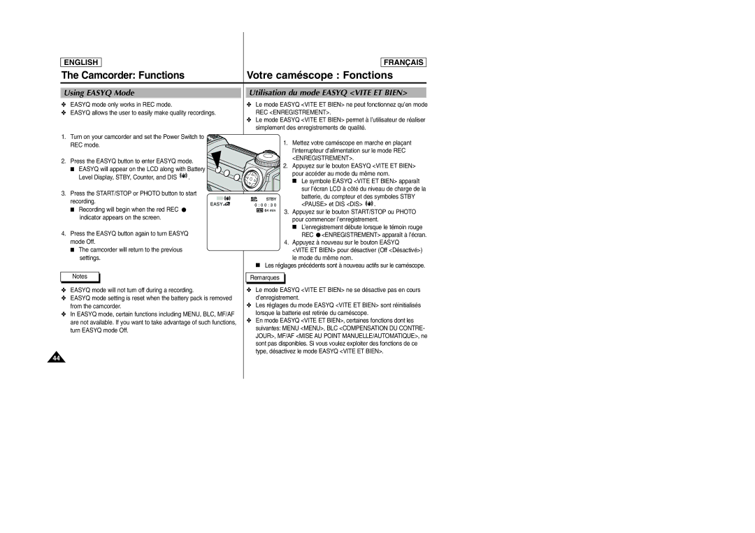 Samsung SCD6050/D6040 manual Using Easyq Mode, Utilisation du mode Easyq Vite ET Bien, REC Enregistrement 