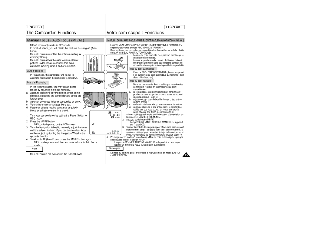 Samsung SCD6050/D6040 manual Manual Focus / Auto Focus MF/AF, Auto Focusing, Manual Focusing, Vite ET Bien 