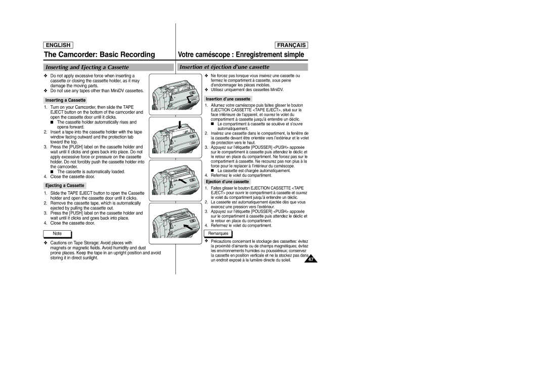 Samsung SCD6050/D6040 Camcorder Basic Recording, Inserting and Ejecting a Cassette, Insertion et éjection d’une cassette 