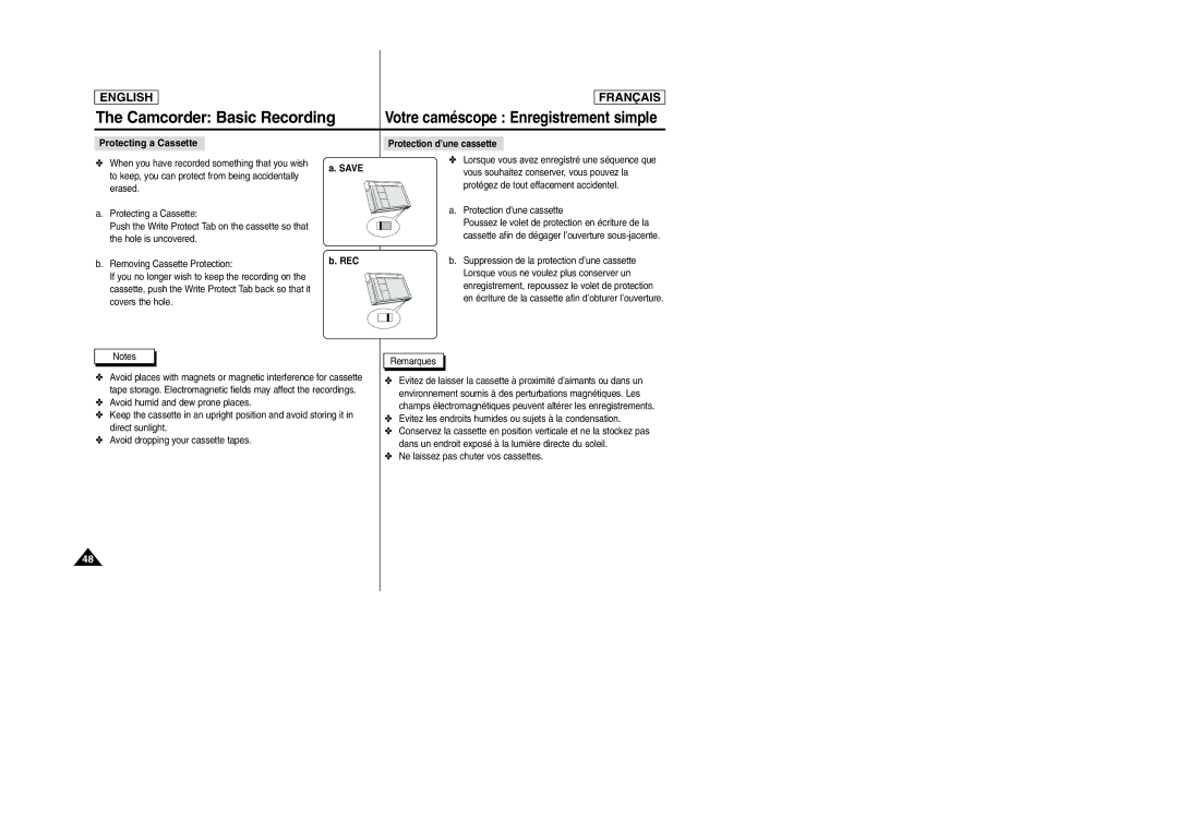 Samsung SCD6050/D6040 Protecting a Cassette, REC Protection d’une cassette, Ne laissez pas chuter vos cassettes, Save 