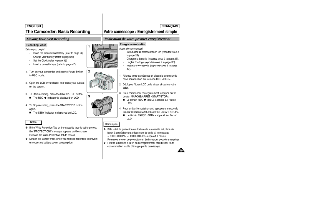 Samsung SCD6050/D6040 manual Making Your First Recording, Réalisation de votre premier enregistrement, Recording video 