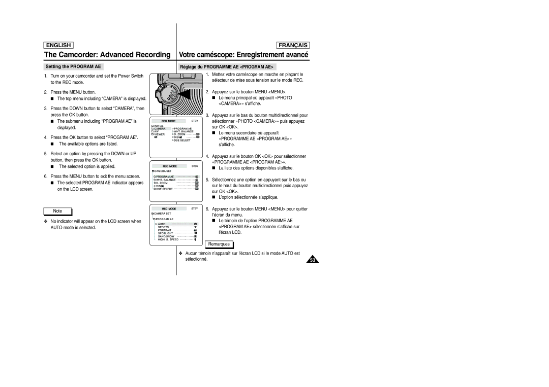 Samsung SCD6050/D6040 manual Camcorder Advanced Recording, Setting the Program AE Réglage du Programme AE Program AE 