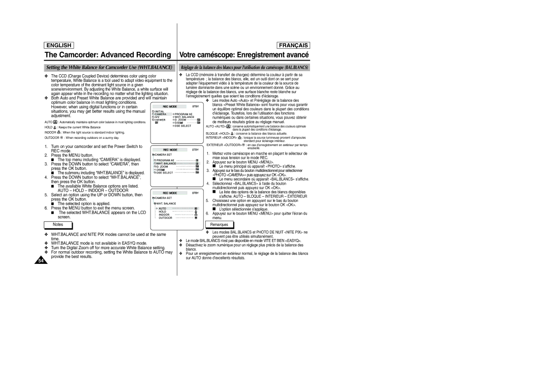 Samsung SCD6050/D6040 manual Setting the White Balance for Camcorder Use WHT.BALANCE, Auto Hold Indoor Outdoor 